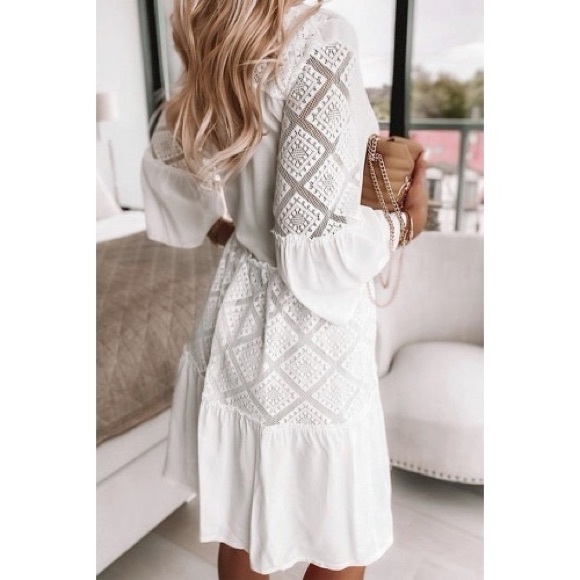 Boho White Lace V-Neck Mini Dress - Picture 2 of 5